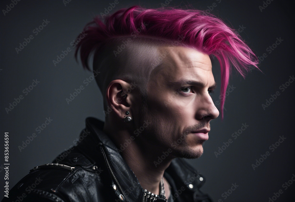 portrait of a man in a punk outfit with dark pink hair shaved on the side, isolated white background portrait of a man in a punk outfit with dark pink hair shaved on the side, isolated white background