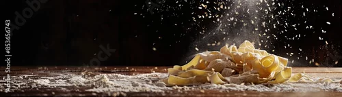 Panel kuchenny z motywem Fresh pasta being rolled out on a floured wooden table, set against a black backdrop, illuminated by studio flash, space for text