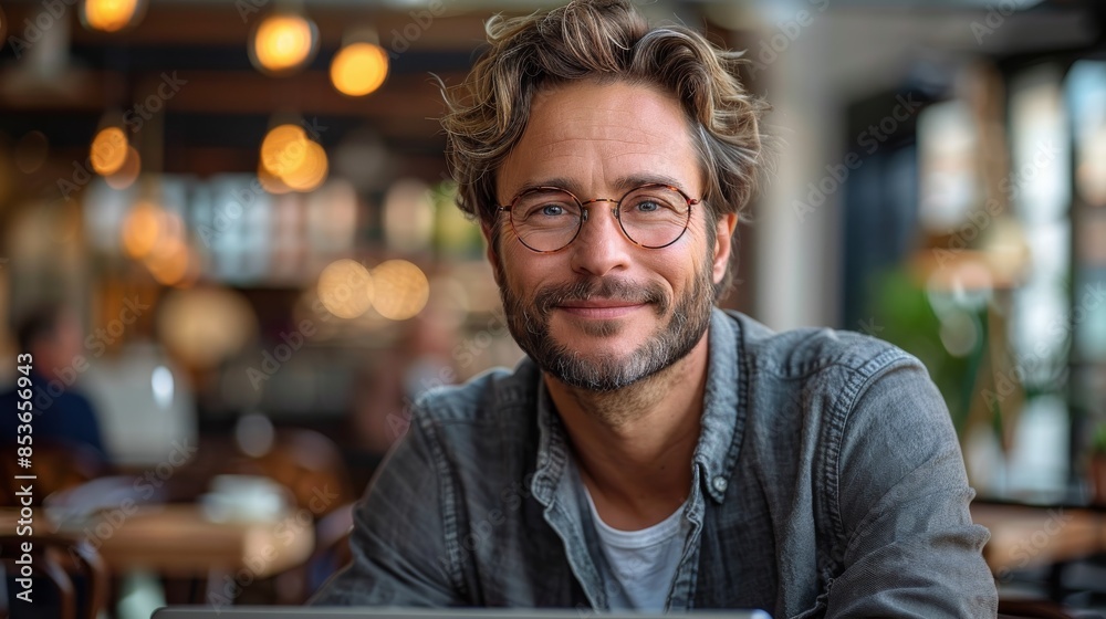 A smiling bearded man enjoys a moment at a cafe, laptop in front of him and ambient lights reflecting in his glasses A smiling bearded man enjoys a moment at a cafe, laptop in front of him and ambient lights reflecting in his glasses