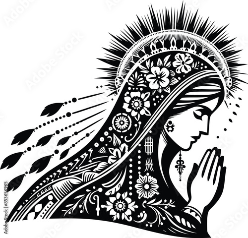 virgin_marry in silhouete with bohemian nature pattern illustration