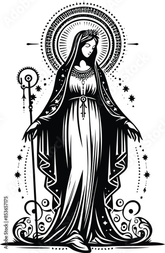 virgin_marry in silhouete with bohemian nature pattern illustration