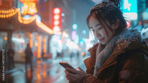 An anonymous person using a smartphone on a snowy city street at night with neon lights