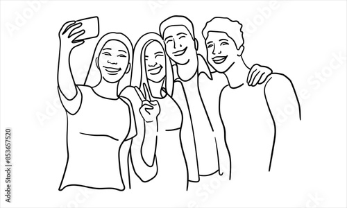 Four friends taking pictures, teenagers hugging continuous line art drawing isolated on white background. Vector illustration