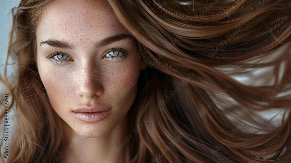 Portrait of a model girl with luminous, smooth skin and healthy, shiny hair. Her natural beauty is highlighted by soft studio lighting, making her ideal for showcasing care and hair products. The Portrait of a model girl with luminous, smooth skin and healthy, shiny hair. Her natural beauty is highlighted by soft studio lighting, making her ideal for showcasing care and hair products. The
