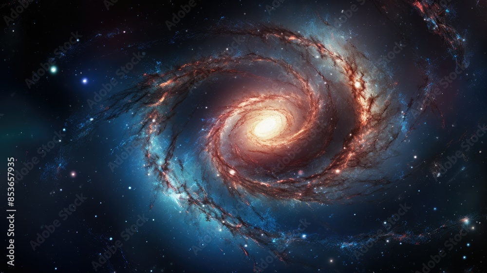 Fototapeta premium Photograph of a majestic spiral galaxy, its arms adorned with glowing star-forming regions, captured in the depths of the expanding universe 