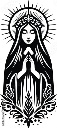 virgin_marry in silhouete with bohemian nature pattern illustration