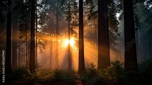 Photograph of a majestic redwood forest silhouetted against a fiery sunset, with rays of light filtering through the canopy of trees 