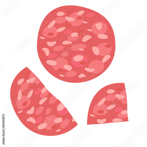 Sliced bologna sausage isolated illustration .Circle and half ,Overhead view of isolated Meat delicatessen product. Vector flat on white. For cafe or restaurant menu. Meat food icons.