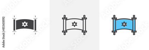 Scroll Torah flat thin line icon collection.