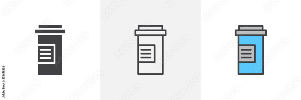 Prescription bottle flat thin line icon collection. Prescription bottle flat thin line icon collection.