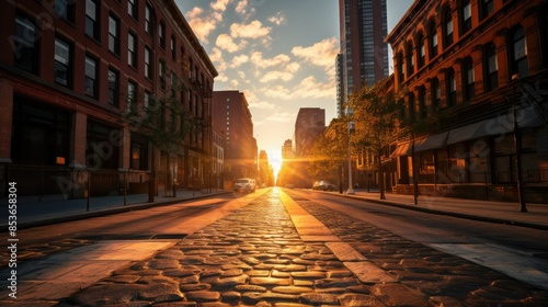 Fototapeta Naklejka Na Ścianę i Meble -  Photograph of a quiet city street at sunset, with long shadows stretching across the pavement. The buildings are old and brick, and the sky is a soft pastel hue. 