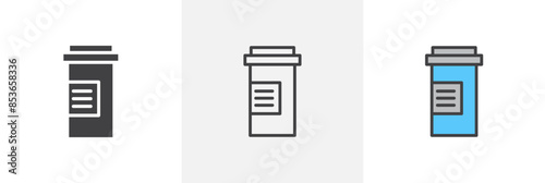 Prescription bottle flat thin line icon collection.