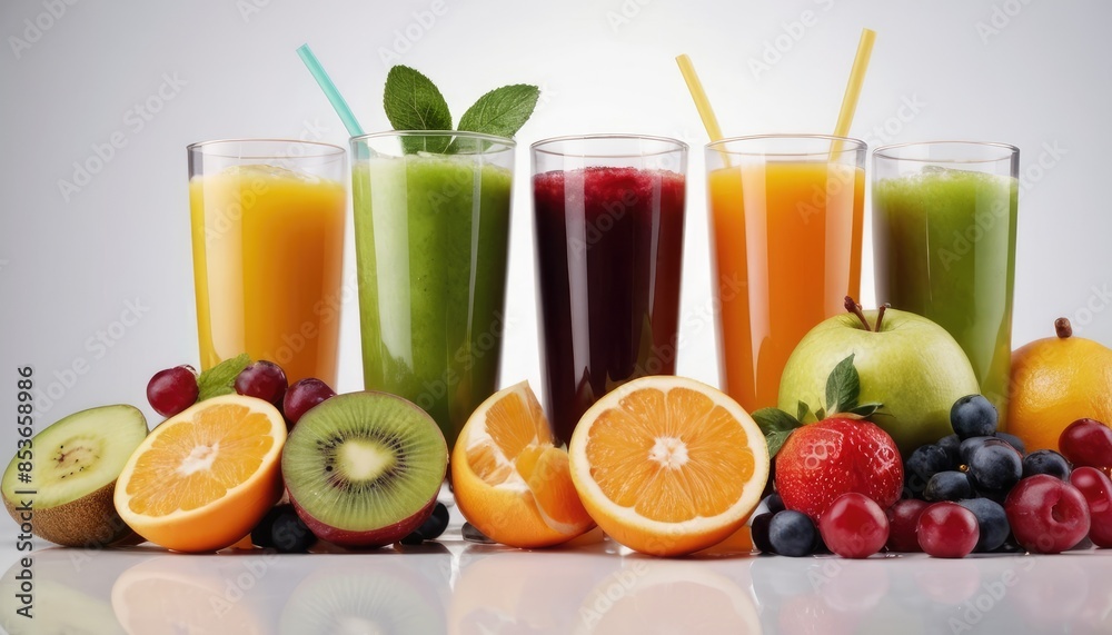 Pouring fresh orange juice into a glass, surrounded by a vibrant selection of fruits, perfect for a refreshing start to the day Pouring fresh orange juice into a glass, surrounded by a vibrant selection of fruits, perfect for a refreshing start to the day