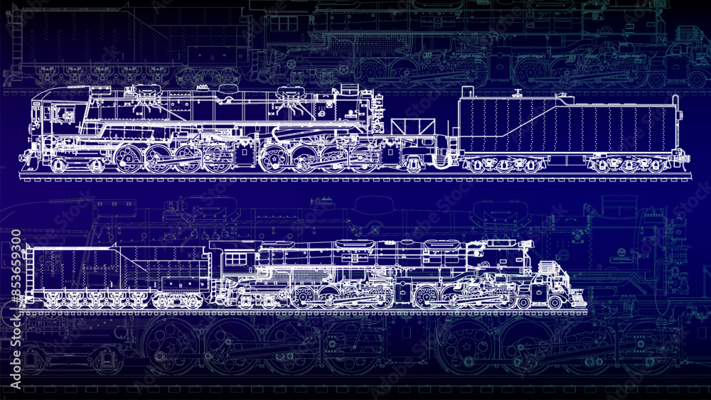 Obraz premium Train technical drafting with line art drawing style