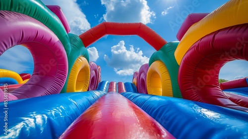 Vibrant Inflatable Playground Under Blue Sky with Puffy Clouds photo