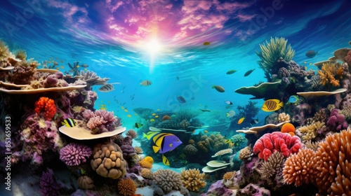 Fototapeta Naklejka Na Ścianę i Meble -  Photograph of a vibrant coral reef teeming with colorful marine life, captured in stunning underwater photography.