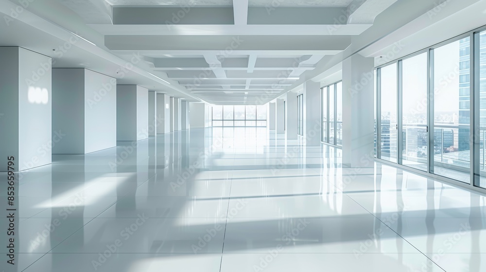 Interior view of a large office space, empty, modern minimalist design, top-down perspective, bright and open Interior view of a large office space, empty, modern minimalist design, top-down perspective, bright and open
