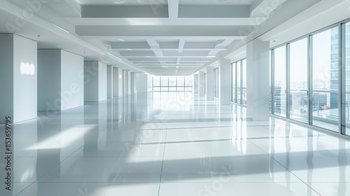 Interior view of a large office space, empty, modern minimalist design, top-down perspective, bright and open