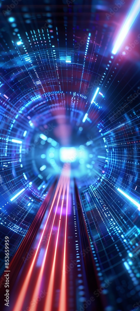 Obraz premium A dynamic 3D illustration of a futuristic data stream with neon lights and digital grids, representing high-speed data transfer and technology.