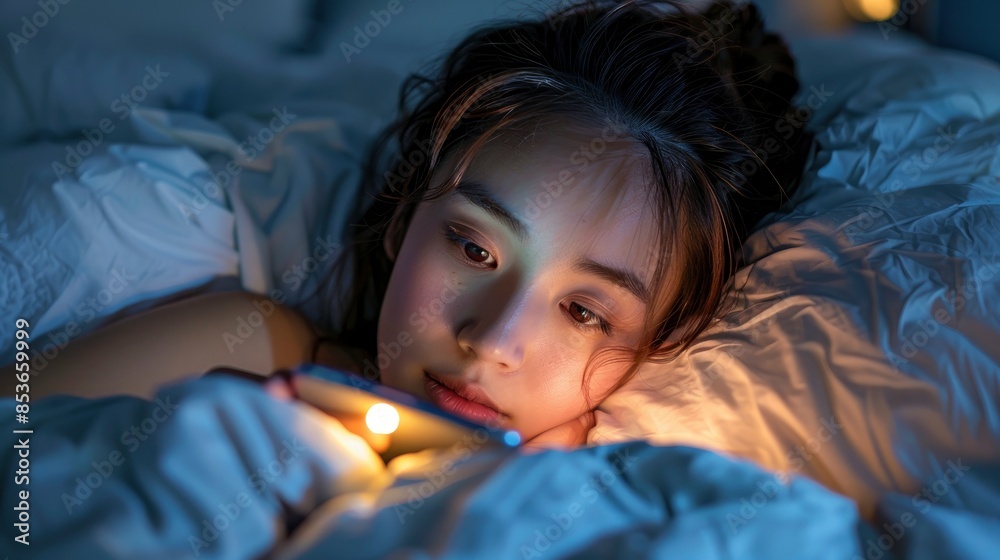 A Mixed-Race Asian Woman Relaxes In Bed, Using Her Smartphone, Surrounded By Calm And Comfort, High Quality, HD A Mixed-Race Asian Woman Relaxes In Bed, Using Her Smartphone, Surrounded By Calm And Comfort, High Quality, HD