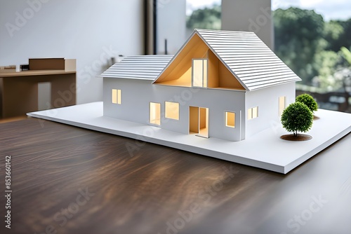 Close-up of a house model made of white paper on the brown wooden desk. House mockup. House mockup made of white paper