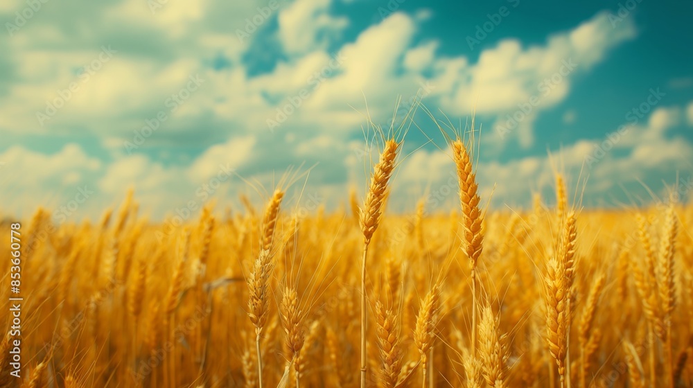 Golden Wheat Field Under a Vibrant Blue Sky with Fluffy Clouds Golden Wheat Field Under a Vibrant Blue Sky with Fluffy Clouds