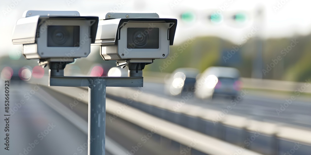 Monitoring Speeding Violations and Traffic Control with Highway Cameras and Speed Radars. Concept Traffic Control, Speeding Violations, Highway Cameras, Speed Radars, Monitoring Monitoring Speeding Violations and Traffic Control with Highway Cameras and Speed Radars. Concept Traffic Control, Speeding Violations, Highway Cameras, Speed Radars, Monitoring