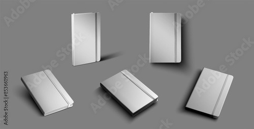 Vector mockups of hardcover notebook and bookmark. Design presentation template.