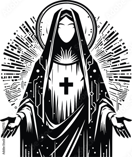 virgin_marry silhouete with cyberpunk pattern illustration