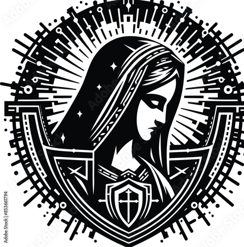 virgin_marry silhouete with cyberpunk pattern illustration