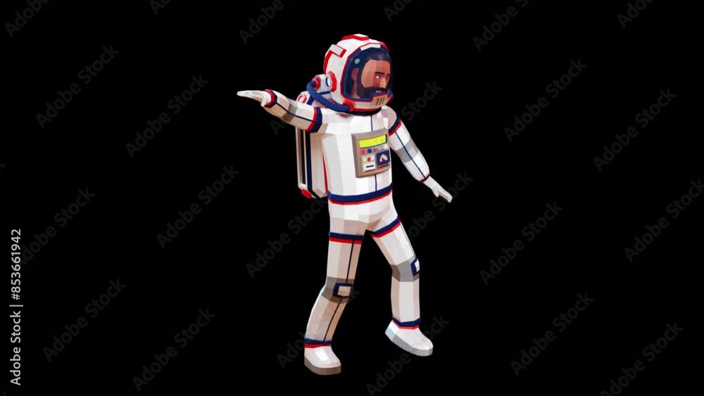 An astronaut in a spacesuit dances making wave-like movements with his arms. 3D cartoon animation with alpha channel.
