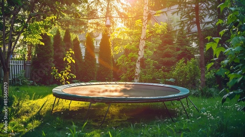 Trampoline with closed zipper and protective net, placed in a beautiful garden, kids jumping, sunny and bright atmosphere photo