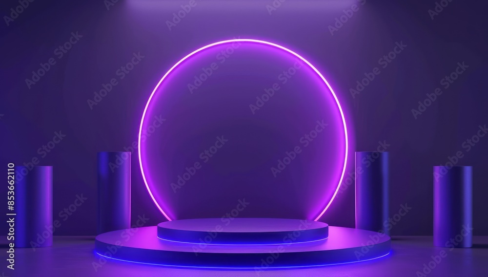 Purple background with glowing light and neon blue, purple circular podium in the center Purple background with glowing light and neon blue, purple circular podium in the center