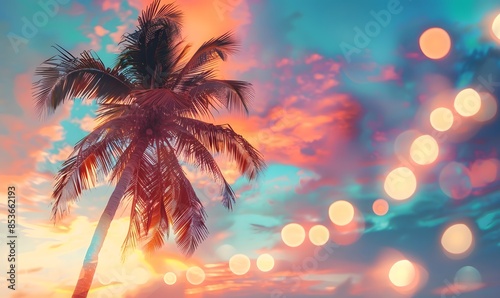 Colorful sunset sky with tropical palm tree and bokeh lights, Generative AI © simba kim