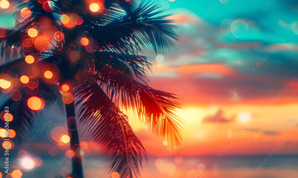 Colorful sunset sky with tropical palm tree and bokeh lights, Generative AI Colorful sunset sky with tropical palm tree and bokeh lights, Generative AI