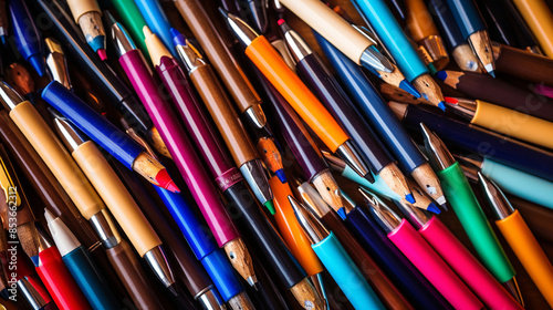 a lot of colourful pens, and pensils in a wooden table, view from above