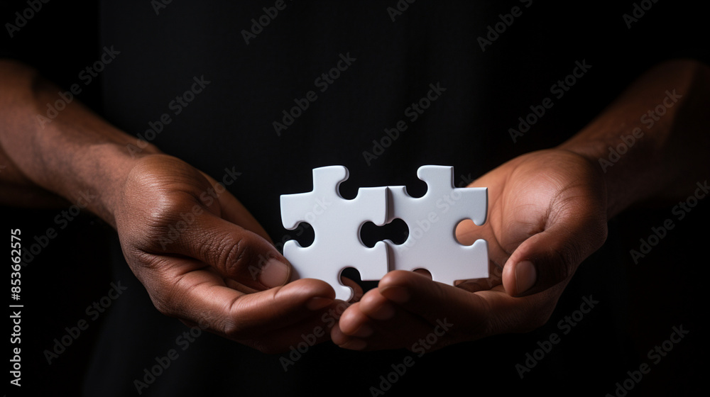 a men holds big, white, two puzzle pieces in black background a men holds big, white, two puzzle pieces in black background
