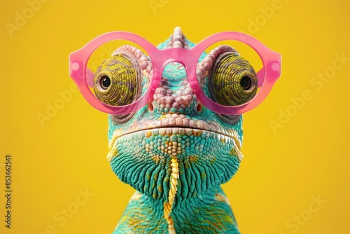 Chameleon in pink glasses blows a pink bubble from bubble gum photo