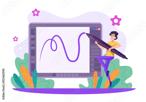 Person with stylus. Man holding big stylus for digital art exact vector concept background in cartoon style