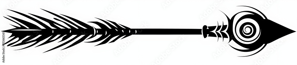 Sleek Black Arrow with Tribal Spiral Lines on White Background Sleek Black Arrow with Tribal Spiral Lines on White Background