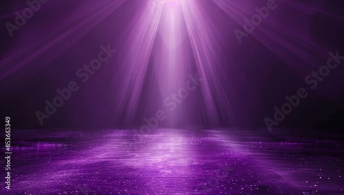 Purple background with glowing lights, simple and minimalistic design. Dark purple background with light rays and an empty center for text or product display