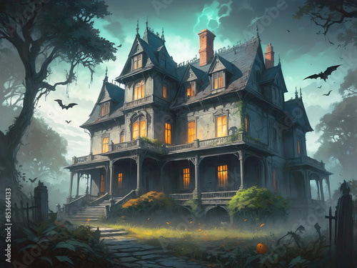 A Gothic Haunted House with Bats Flying Around © Bimit