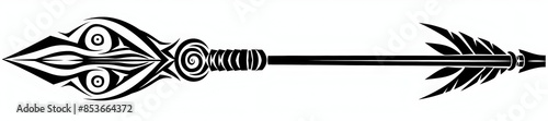 Striking Black Tribal Arrow with Spiral Design on White Background