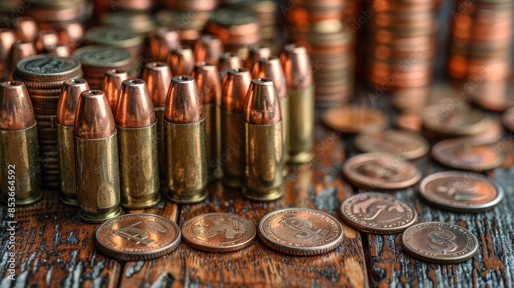 Rifle ammunition on a wooden table, gun bullets, ballistic projectile, stack coin dollars Rifle ammunition on a wooden table, gun bullets, ballistic projectile, stack coin dollars
