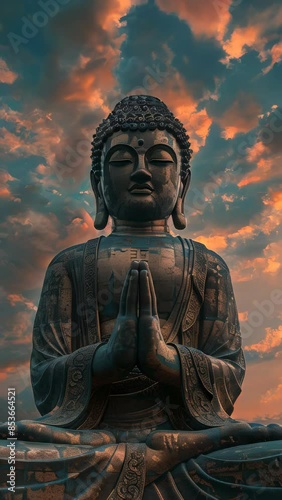A statue of a Buddha with his hands in a prayer position. The sky is cloudy and the sun is setting