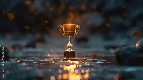Golden trophy at the end of a glowing path, representing ultimate success Luxurious setting, dark tones photo