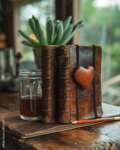 Vintage Leather Journals with Heart Decor and Coffee on Rustic Wooden Table in Cozy Setting.