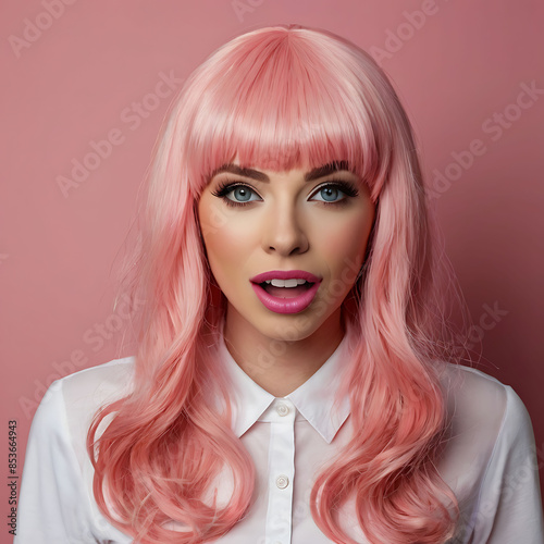 A girl with styled pink hair and open mouth behind pink background, pink stadium background