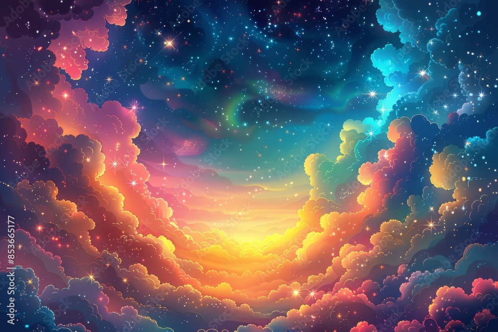 Fototapeta premium カラフルな星空と雲の漫画背景