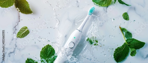 Electric toothbrush surrounded by water splashes and mint leaves, emphasizing fresh breath and cleanliness